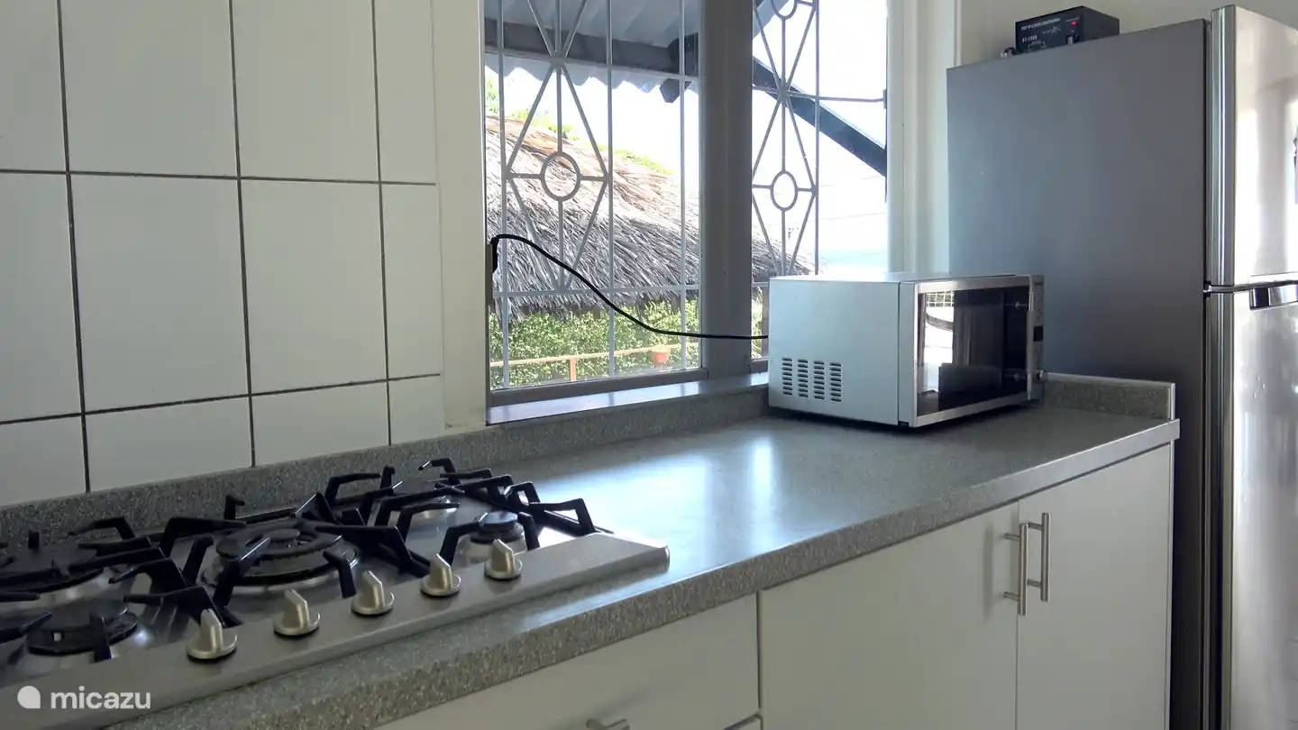 La cuisine est équipée de : casseroles, vaisselle et couverts, cuisinière à gaz à cinq feux, grand réfrigérateur/congélateur, micro-ondes combiné, bouilloire et cafetière ;