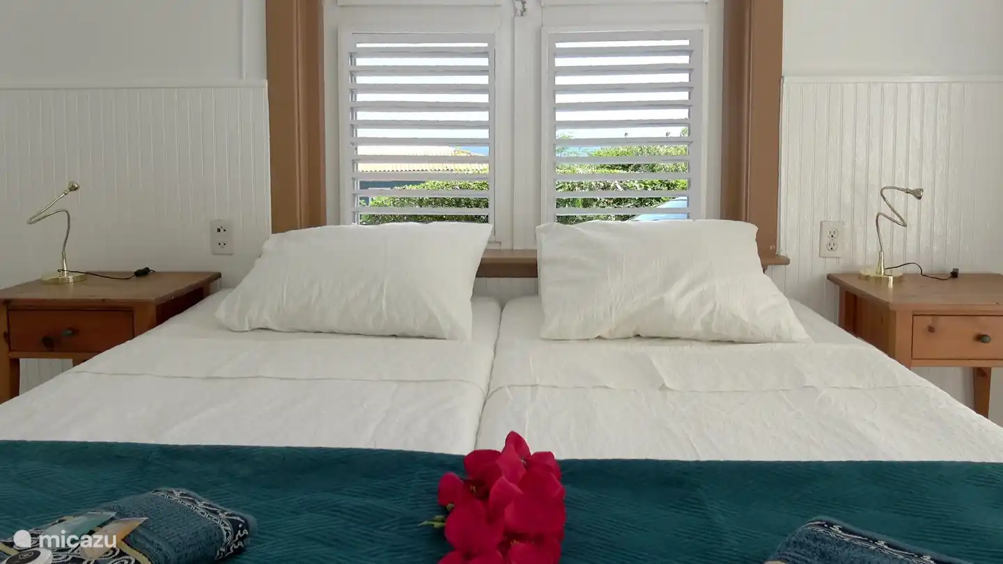 La deuxième chambre est située à l'avant de la maison et offre une vue sur l'océan depuis la fenêtre.