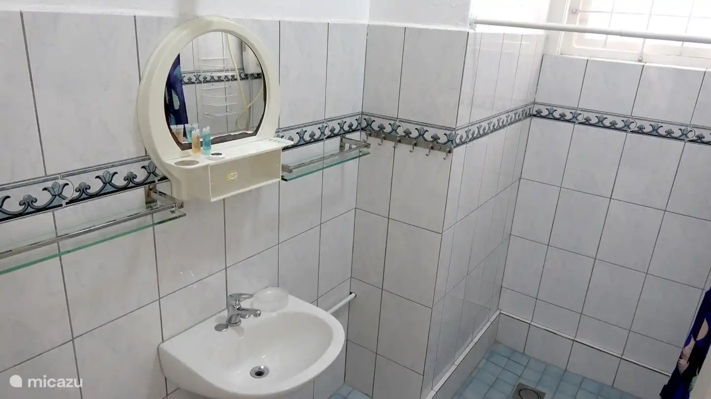 La salle de bain soignée a une toilette, un lavabo et une douche.