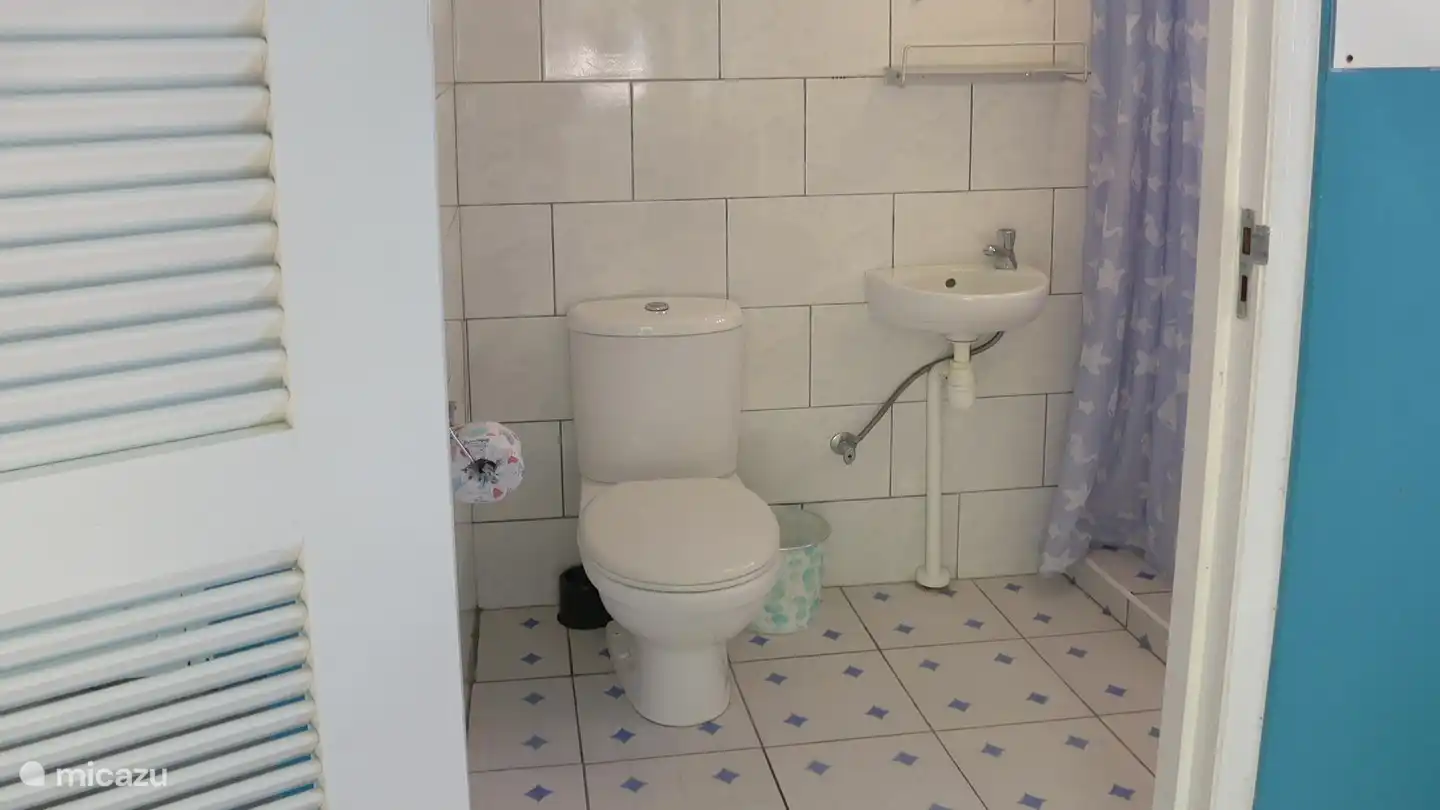 La deuxième salle de bain (extérieure) est située à côté de la piscine, donc idéale à utiliser après la baignade ou le bronzage.
Il a une toilette, un lavabo et une douche.