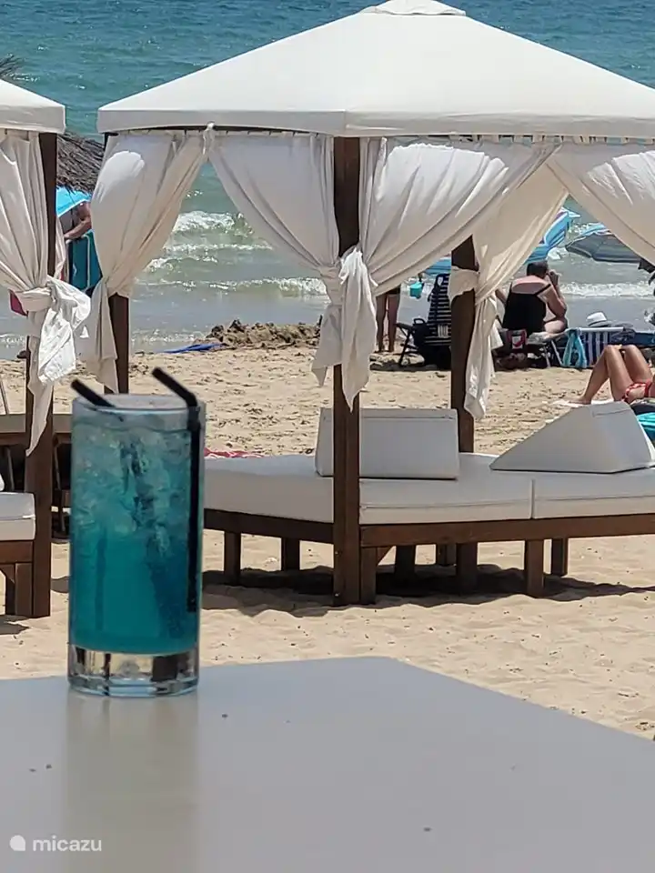 Die Sommer-Strandhütte mit verschiedenen Arten von Sonnenliegen, frischen Getränken und gemütlicher Musik.