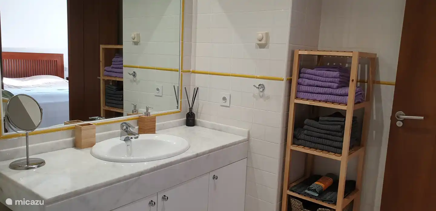 Baignoire avec douche, WC et lavabo.