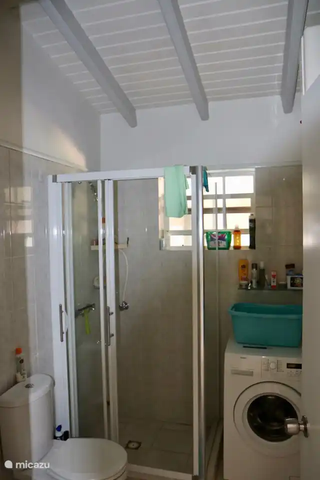 Bathroom master bedroom including washing machine. Dryer in the garden.