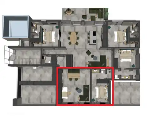 Der rote Umriss ist die Terrasse.