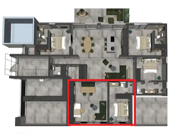 apartamento en Curazao, Banda Arriba (este), Jan Thiel – Villas Lamar 2/4pers. ap Fiyi La zona delineada en rojo es la terraza.