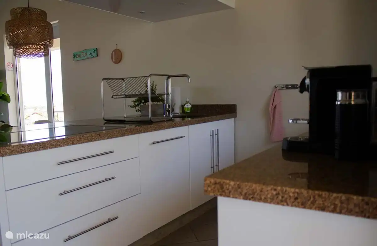 Una cocina totalmente equipada con mucho espacio de almacenamiento, frigorífico americano, horno, microondas, placa de inducción con campana extractora y lavavajillas.