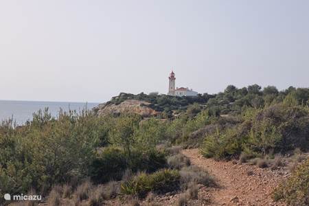 Die felsige Küste der Algarve und der Leuchtturm.