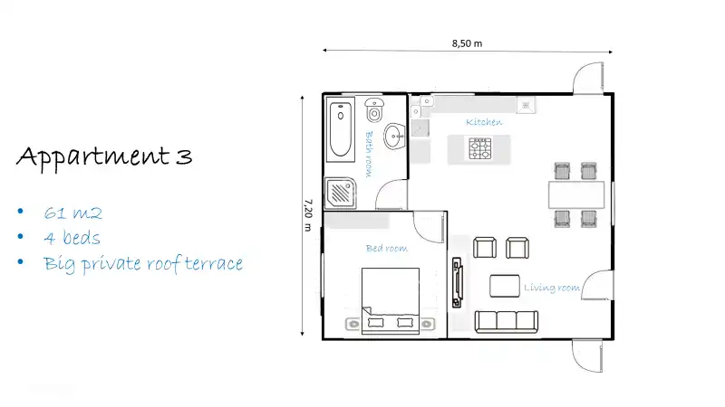 Grundriss Wohnung 3 Diese Wohnung verfügt über 6 Schlafplätze; 1 Doppelbett, ein Etagenbett und ein Doppelschlafsofa