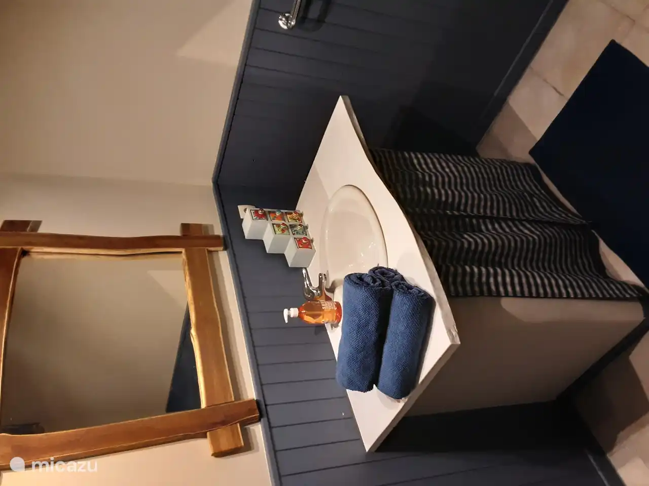 Badkamer met lavabo, douche en toilet