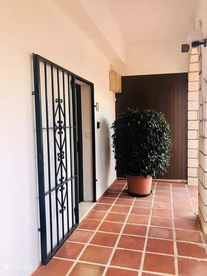 Eingang und überdachte Terrasse. Gesegneter kühler Ort an heißen Sommertagen.