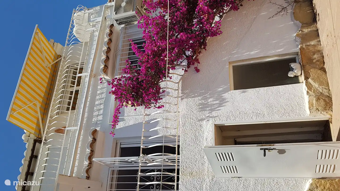 Hintere Fassade von La Trufa, Foto von der unteren Terrasse mit Stauraum. Von unten nach oben: untere Terrasse, Keller mit den Schlafzimmern und Bädern und Erdgeschoss mit Wohn-/Esszimmer und Küche.