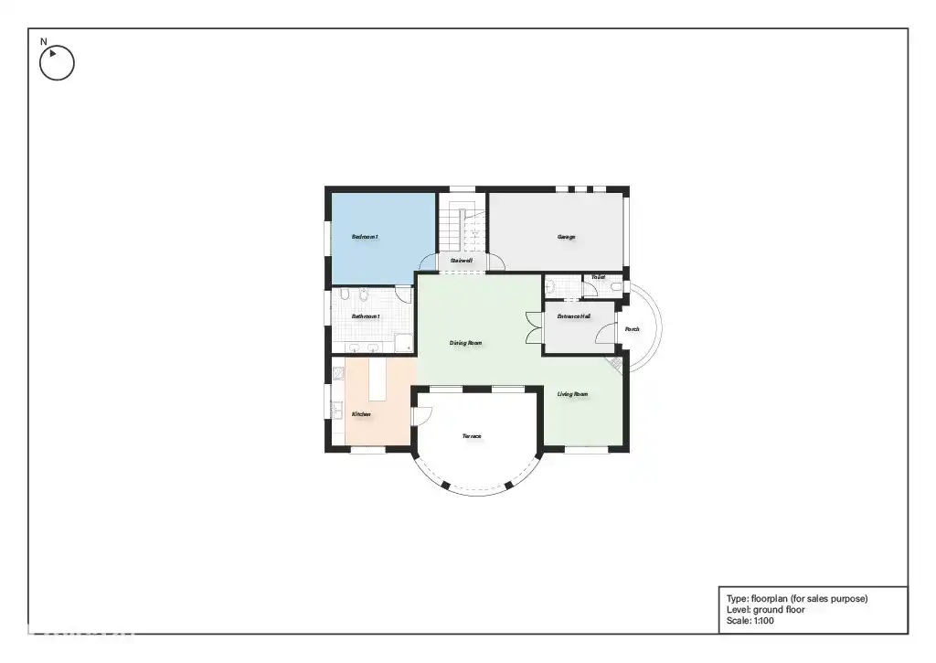 Grundriss Erdgeschoss, mit Wohnzimmer, TV-Raum, Küche, Hauptschlafzimmer mit Bad und Terrasse