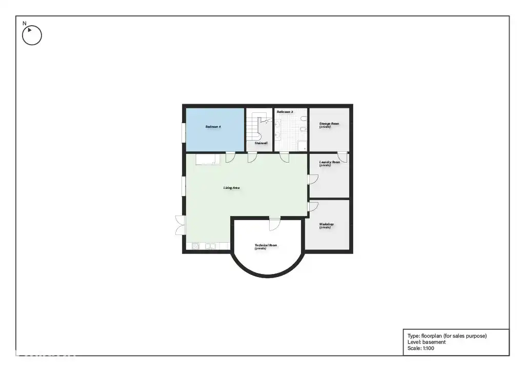 Grundriss der Wohnung, mit Wohnzimmer, Küche, Schlafzimmer und Bad