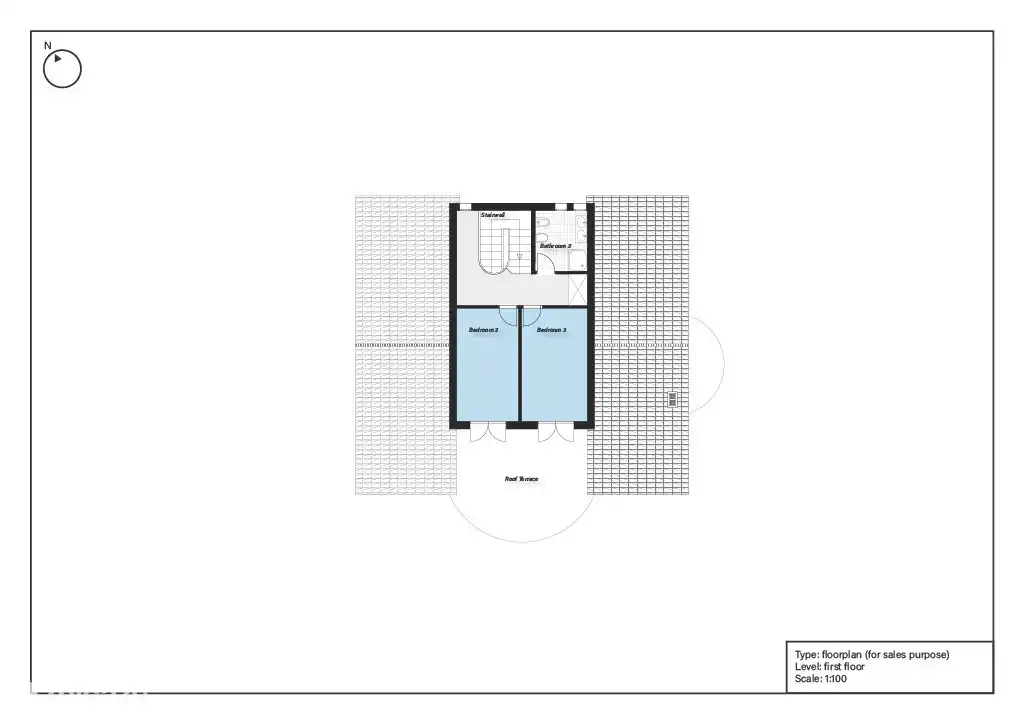 Grundriss der 1. Etage, 2 Schlafzimmer und 1 Badezimmer