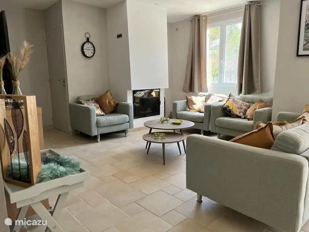 Le salon avec cheminée et grande TV (Canal Digital)