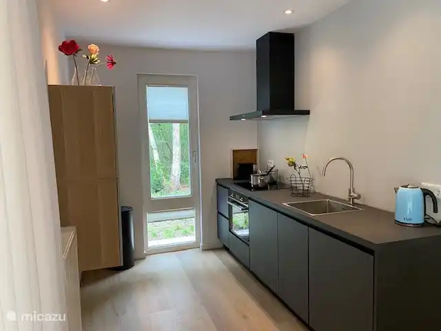 Cuisine comprenant lave-vaisselle et four combiné.