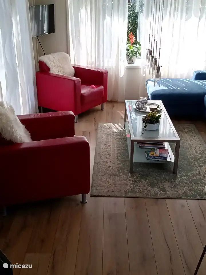 .. mit frischen, bunten Möbeln von sehr guter Qualität und räumlich angeordnet.. Der Fernseher ist hängend und leicht verstellbar. Reichhaltige Kanalauswahl und Möglichkeiten. Außerdem: gut funktionierendes KPN Internet und WIFI. Für diejenigen, die gerne DVDs anschauen, gibt es einen neuen Blueray-DVD-Player. Alles ferngesteuert.