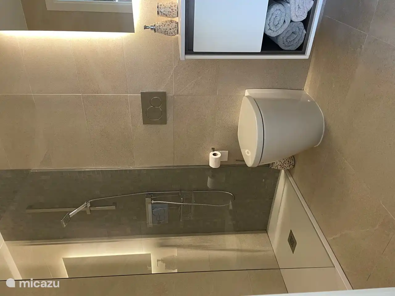 Salle de bain avec douche à l'italienne, WC et lavabo.