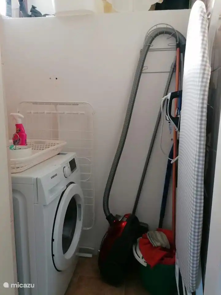 Enclosed room with washing machine, ironing board/bolt and vacuum cleaner