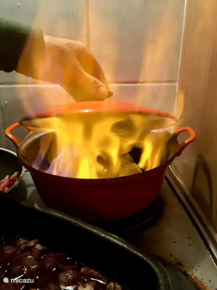 Coq au vin flambée