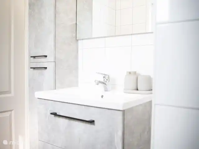 tiny house huren in Nederland, Gelderland, Epe – StayatSas Tiny House Sam op Veluwe! Lekker veel opbergruimte heb je in deze badkamer! Veel kastruimte om al je toiletspullen op te bergen!