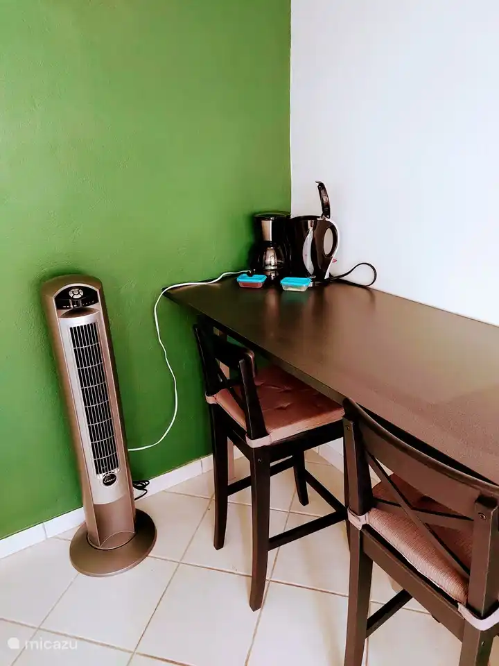 El salón está equipado con cafetera, ventilador y hervidor de agua.