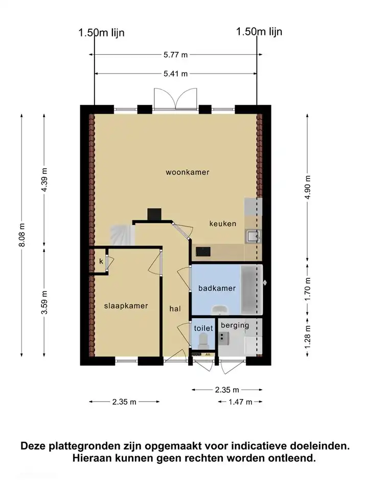 Piso de la casa, planta baja. Entrada, dormitorio, aseo, baño, cocina con comedor y sala de estar. El trastero con lavadora y secadora es accesible desde el exterior.