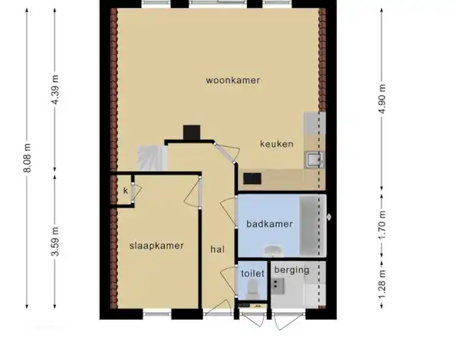 Maison de vacances confortable 't Gramsbergje | Pays-Bas, Overijssel, Gramsbergen - maison de vacances Étage plat de la maison, rez-de-chaussée. Entrée, chambre, WC, salle de bain, cuisine avec coin repas et coin salon. Le débarras avec machine à laver et sèche-linge est accessible de l'extérieur.