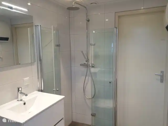 Maison de vacances confortable 't Gramsbergje | Pays-Bas, Overijssel, Gramsbergen - maison de vacances Salle de bain chauffée avec douche à l’italienne à effet pluie, baignoire avec bain à remous et lavabo