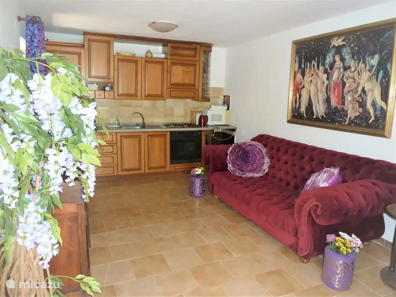 Übersichtsfoto Küche und Wohnzimmer SOTTO. Es gibt alle niederländischen und internationalen Fernsehsender und gutes WLAN