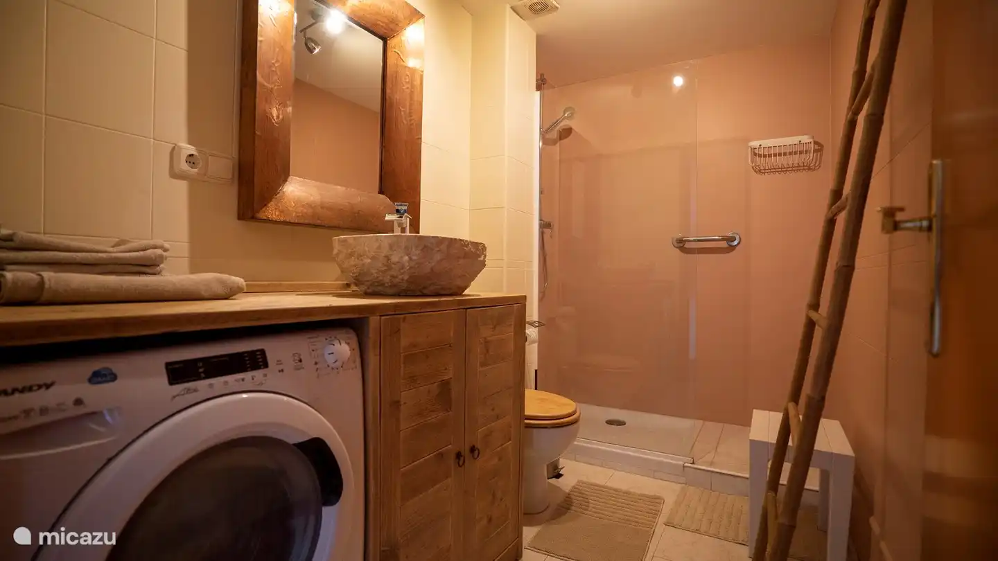 bathroom with washing machine, sink, walk-in shower and towel rack