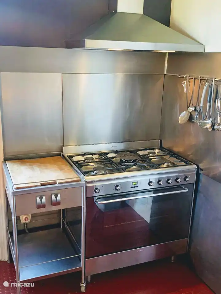 Estufa a gas grande con horno el&#233;ctrico.