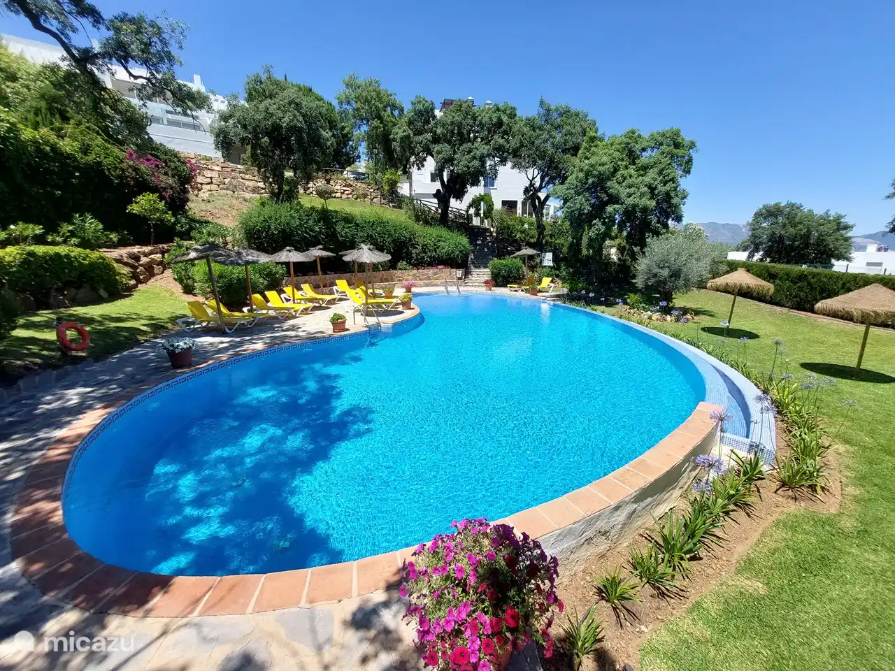 Beschatten Sie bei Bedarf Bereiche unter den Korkeichen am Pool