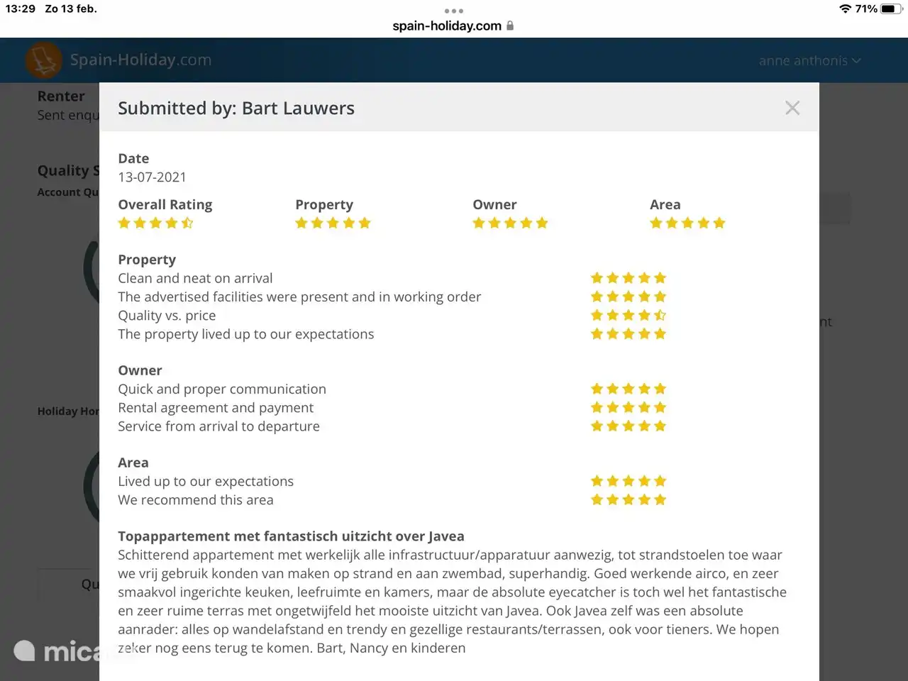 Bewertung des belgischen Mieters.