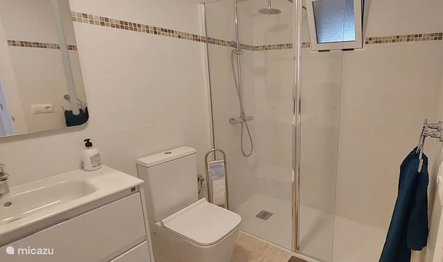 Badezimmer mit ebenerdiger Dusche, die ebenerdige Dusche verfügt über eine Regendusche