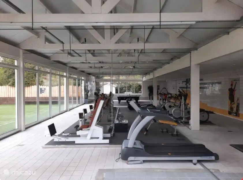 The indoor sports area with, among other things: cardio and fitness equipment, air hockey, pool table and table tennis.