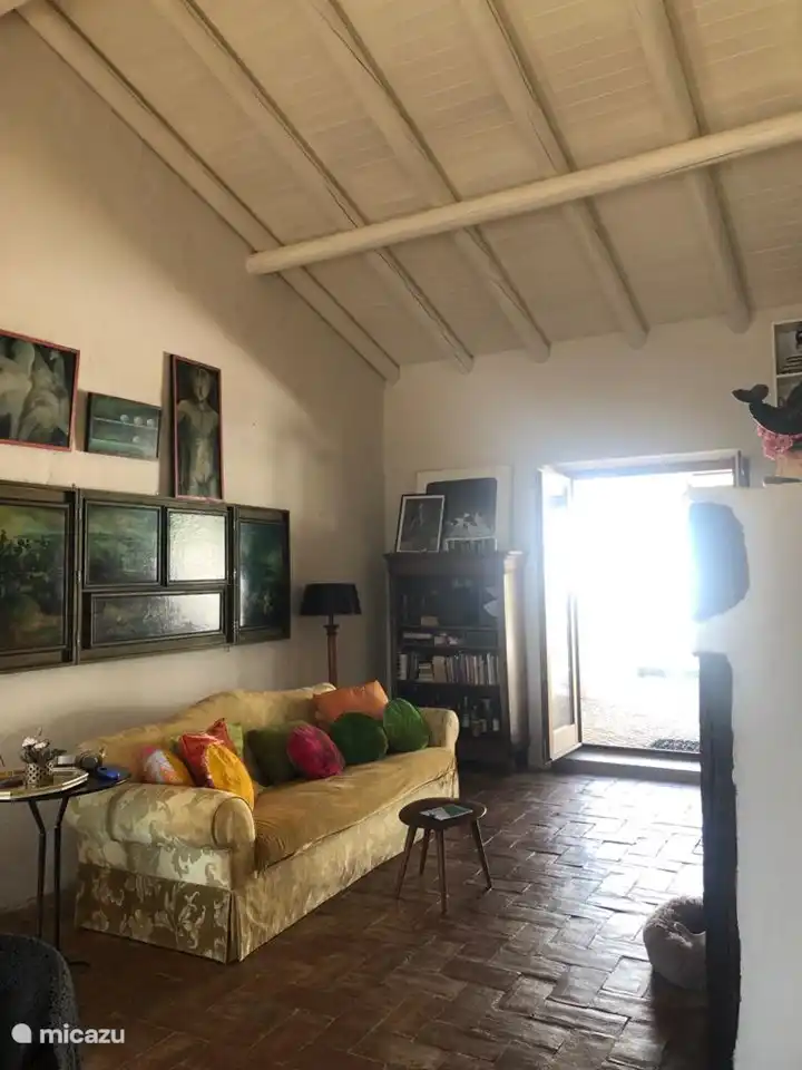 Wohnzimmer mit hoher Decke mit offener Dachkonstruktion