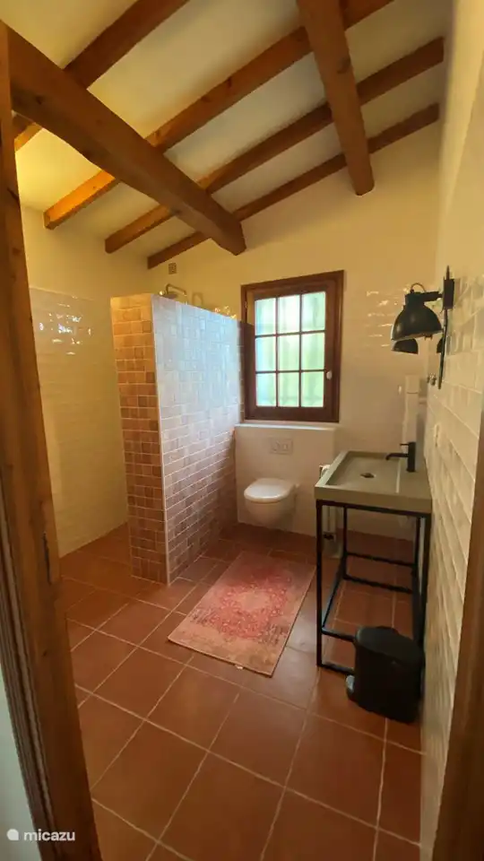 Es gibt ein luxuriöses Badezimmer mit ebenerdiger Dusche, großem Kleiderschrank, Waschbecken und WC. 