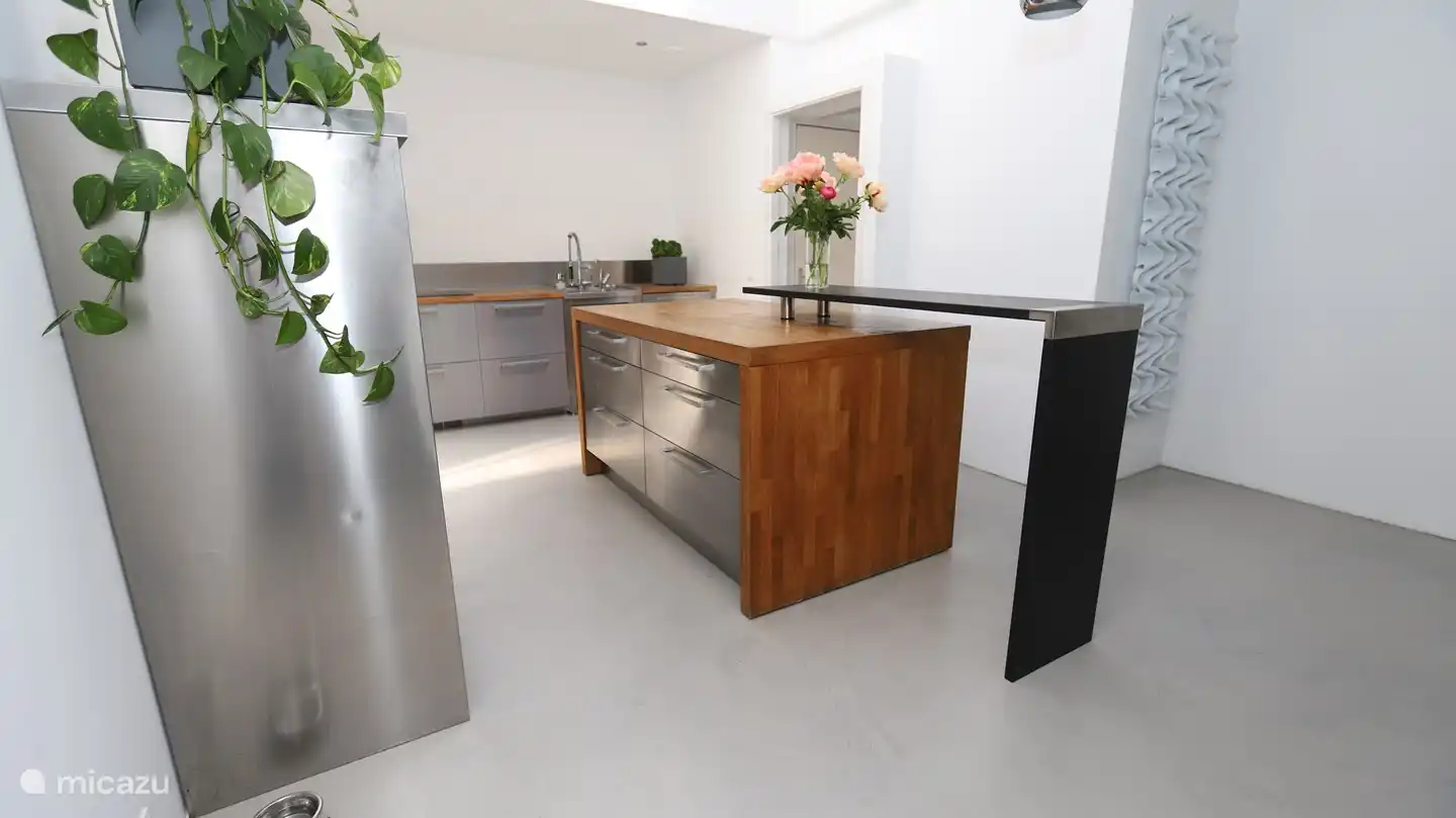 Küche mit Geschirrspüler, großem Kühlschrank, Gefrierschrank, Herd und Kombi-Mikrowelle