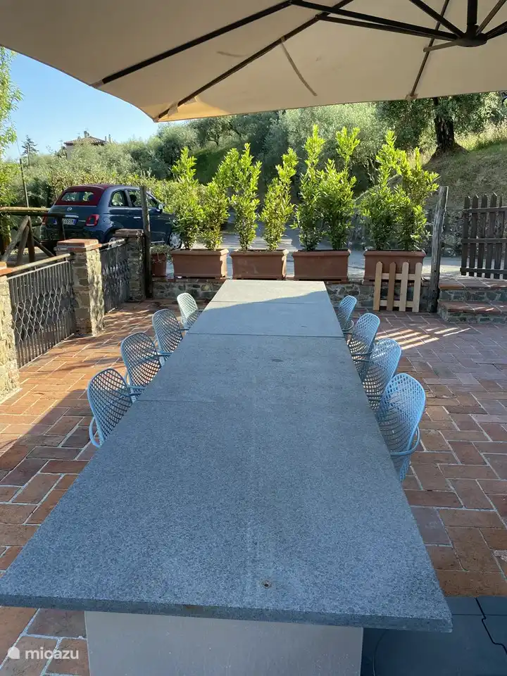 The 8 seater dining table in front of the house.