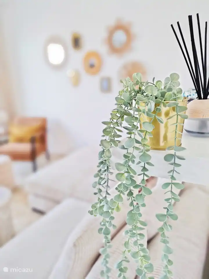 Heerlijk lichte woonkamer, met flinke loungebank die uitkijkt naar het terras.