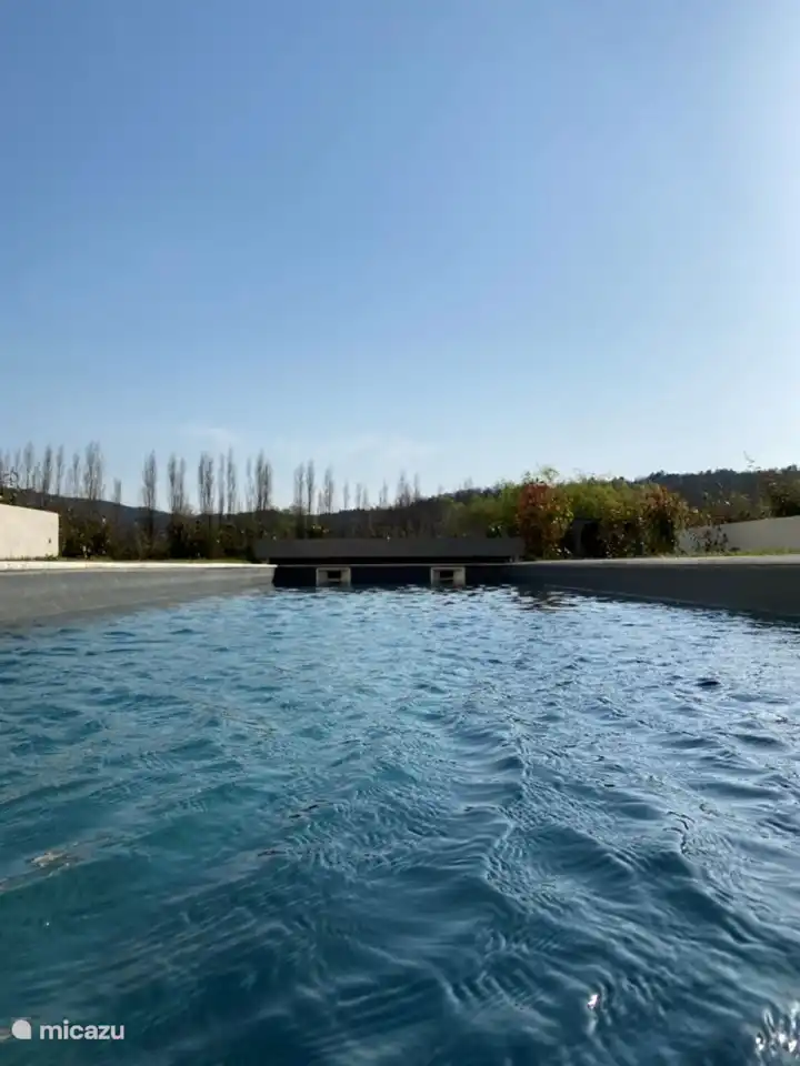 Gran piscina con solarium y ducha exterior.