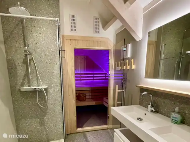 Villa spacieuse avec piscine privée chauffée | Pays-Bas, Zélande, Kamperland - villa Salle de bain au 1er étage, avec sauna (couleur), douche à effet pluie et double vasque
