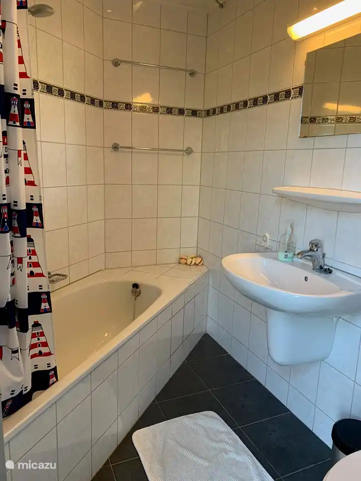 Salle de bain avec baignoire et douche, WC et lavabo
au rez-de-chaussée