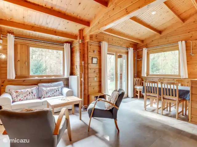 Eekhoorn, heerlijke Finse bungalow huren in Nederland, Gelderland, Hengelo - vakantiehuis Lichte Scandinavisch blauwe woonkamer met open keuken