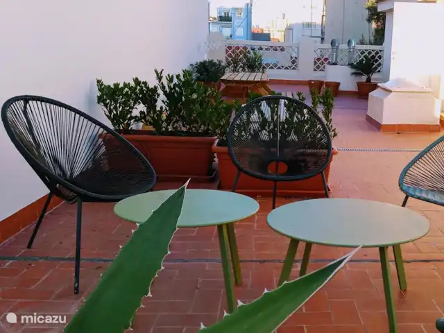 Tres Reinas Valencia - Reina 3 huren in Spanje, Valencia, Valencia (stad) - appartement Het terras heeft 3 zithoeken, twee picknick tafels en twee zonnebedden.