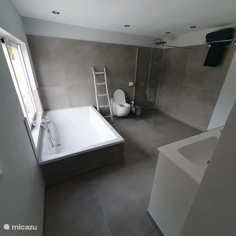 baño con bañera enorme de 140x190 cm, wc, plato de ducha, lavabo doble, etc.