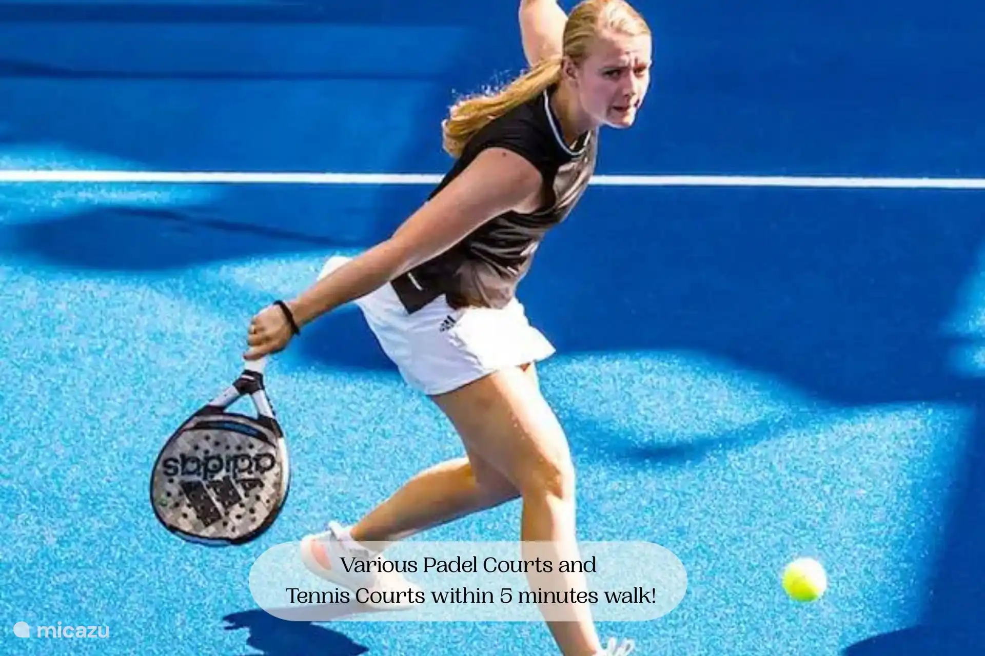 Padel- und Tennisplätze sind 3 Minuten entfernt, dort können auch Schläger und Bälle gemietet werden! Es gibt außerdem ein Indoor- und Outdoor-Fitnesscenter in 5-minütigem Gehweg