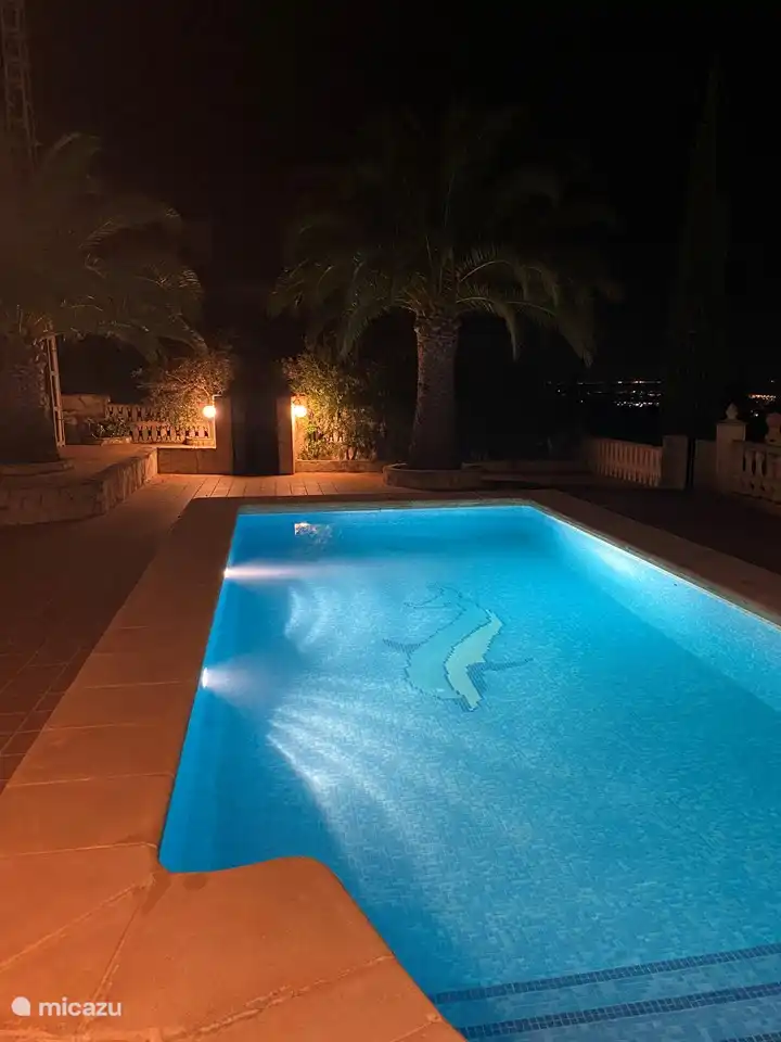 Schwimmbad und Terrasse (vor der Renovierung) bei Nacht