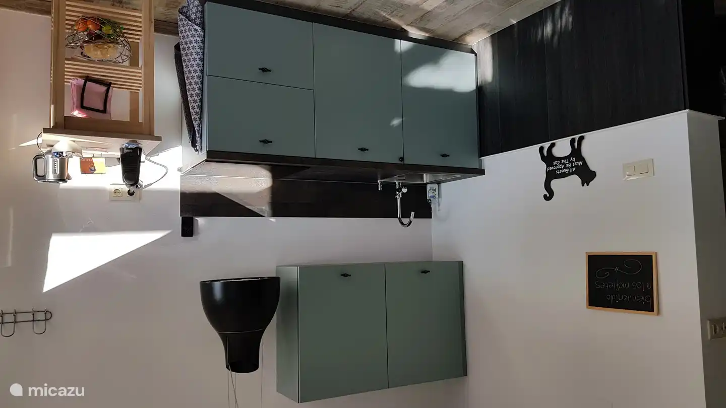 Hochwertige Küche mit Kühlschrank, Mikrowelle, Induktionskochfeld und Dunstabzug. Kaffee-/Teekocher mit Nespresso-Maschine und Wasserkocher.